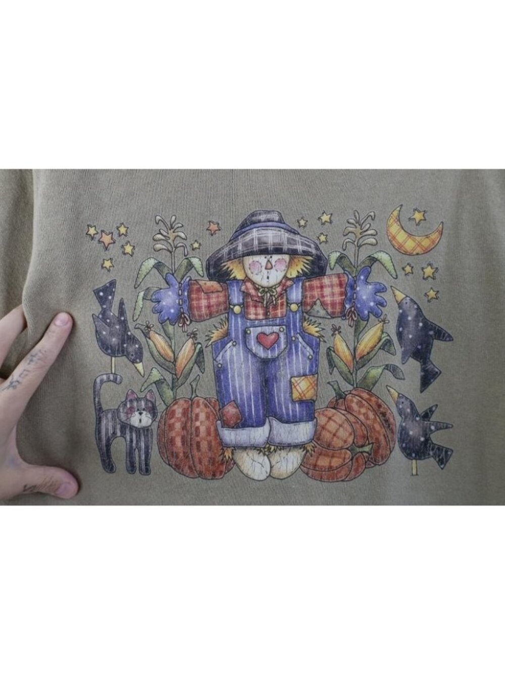 Vintage 90s Streetwear Womens Medium Halloween Fall Scarecrow Cat Sweatshirt - Picture 4 of 12